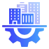 Attur International manufacturing infrastructure icon with factory buildings and gear symbol