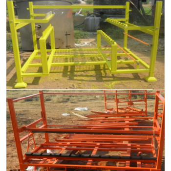 Orange painted metal pallet rack for outdoor storage